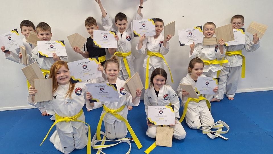 Children practicing Taekwondo kicks in Washington Dojang