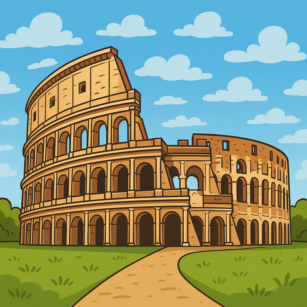 Cartoon illustration of the Roman Colosseum under a bright blue sky with green grass and clouds