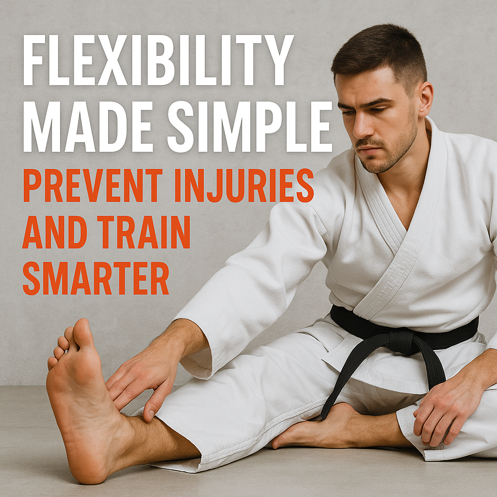Martial artist in a white gi stretching on the floor with text overlay that reads 'Flexibility Made Simple – Prevent Injuries and Train Smarter'