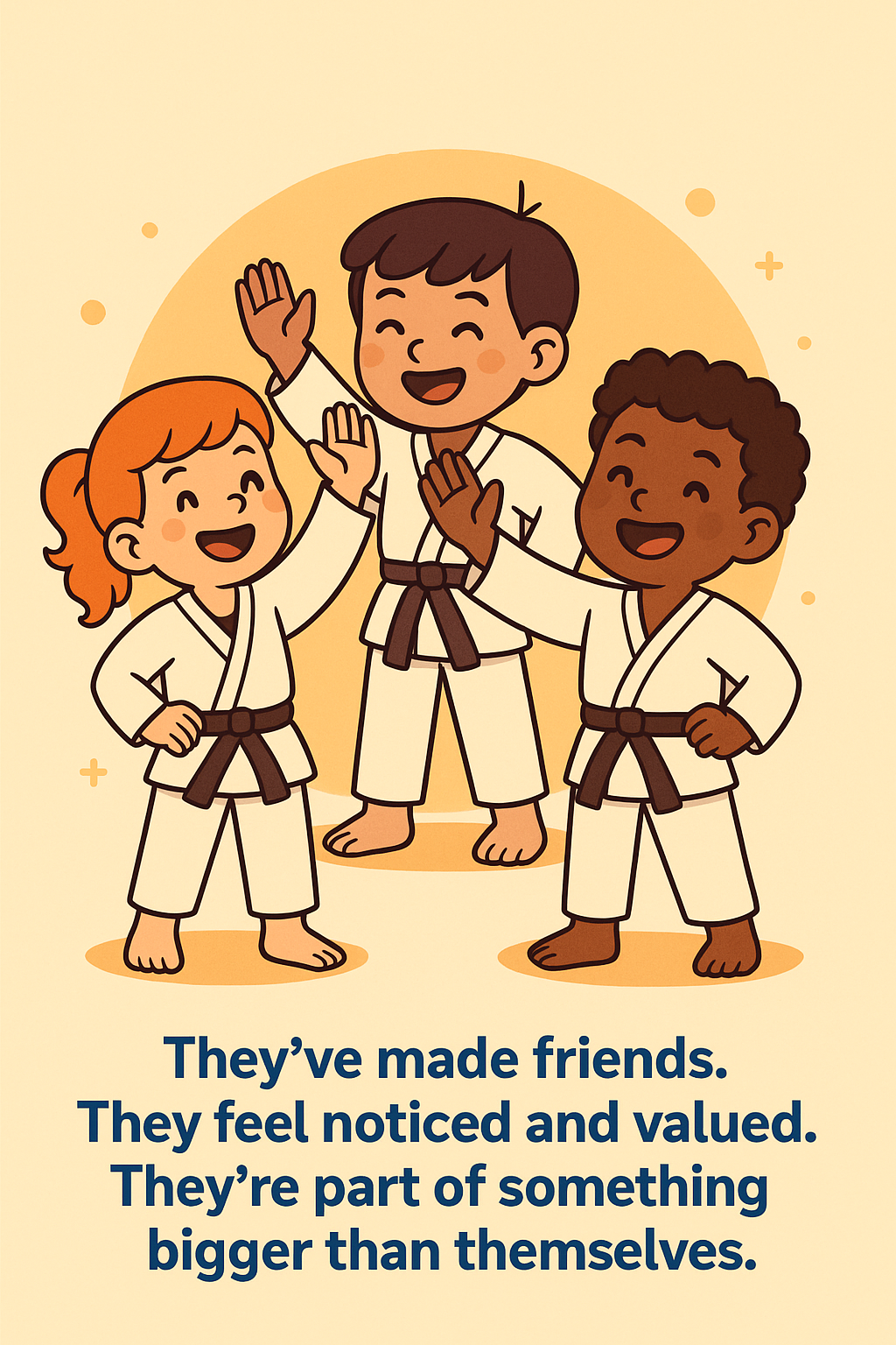Cartoon illustration of happy children in martial arts uniforms smiling and high-fiving in a Taekwondo class, symbolising friendship, confidence, and belonging at Washington Taekwondo.