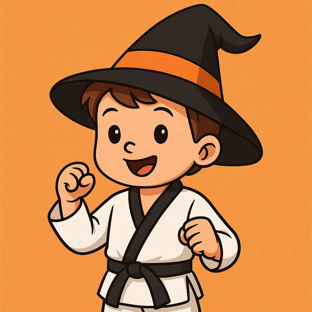 Cartoon child wearing a Taekwondo uniform and witch’s hat celebrating Halloween, promoting kids’ martial arts and safety awareness.