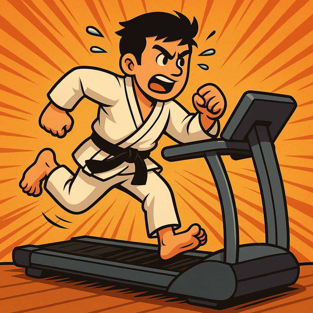 Cartoon illustration of a determined martial artist in a white Taekwondo uniform running on a treadmill inside a dojo, symbolizing motivation, progress, and perseverance in training.